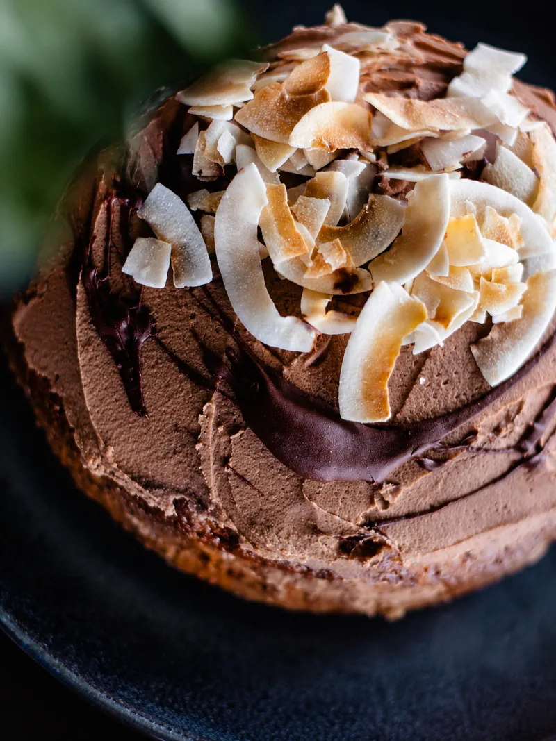 Chocolate cake topped with toasted coconut at Cafe Jireh